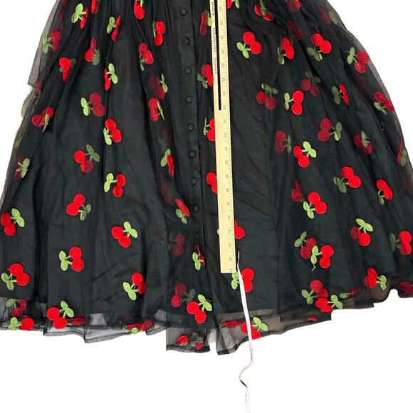 Unique Vintage Collared Sheer Embroidered Black Red Cherry Dress size L 10 12 - Picture 6 of 15